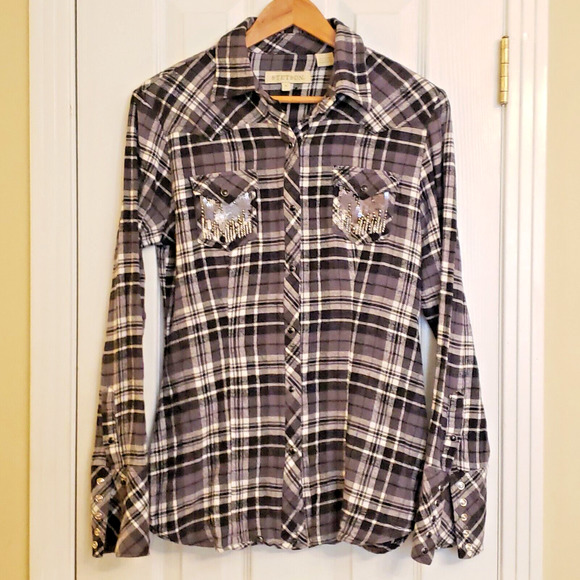 Stetson Womens Long Sleeve Pearl Snap Plaid Flannel Black White Sequins Size M - Picture 1 of 12
